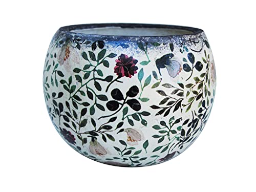 Old World Ceramic Blue And White Asian Floral Round Planter Or Garden Pot, Round Shape Red And Green Floral Print 6 Inches Tall #TOP9