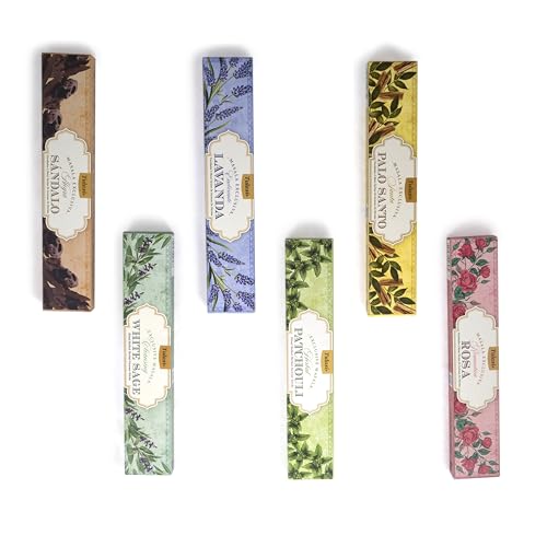 Tulasi Herbal Masala Incense Sticks Assorted/Variety Pack – 120 Hand Rolled Sticks, 6 Natural Scents | Sandalwood, Lavender, Patchouli, Palo Santo, White Sage | Aromatherapy