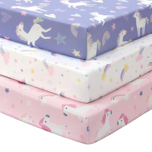 Image of FIEMOL Baby Crib Sheets Girl, 3 Pack Toddler Bed Sheets for 52”x28” Standard Toddler Mattresses, Soft Microfiber Fitted Crib Sheets Pink Purple Rainbow