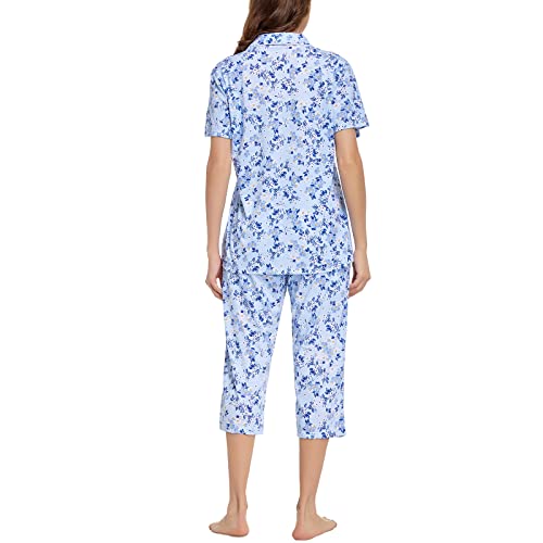 Image of Tugege Capri Pajamas Set Womens Button Down Short Sleeve Lounge Sets Sleepwear Notch Collar Top & Capri 2 Piece PJ Sets