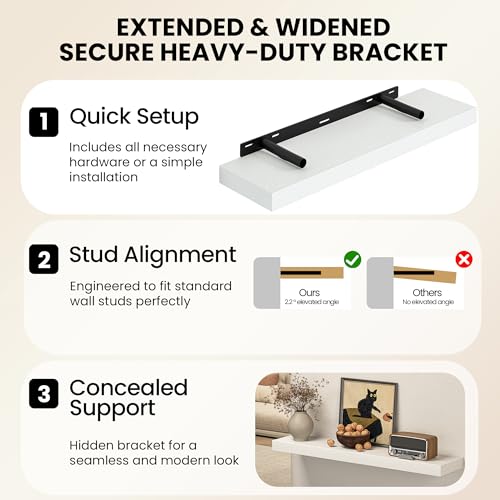 Image of Fun Memories 24Inch Floating Shelves for Wall, 8 Inch Deep Shelves for Bathroom|Bedroom|Kitchen Wall Mounted, Wood Hanging Shelf with Invisible Brackets for Home Storage Decor, White - 2 Pack