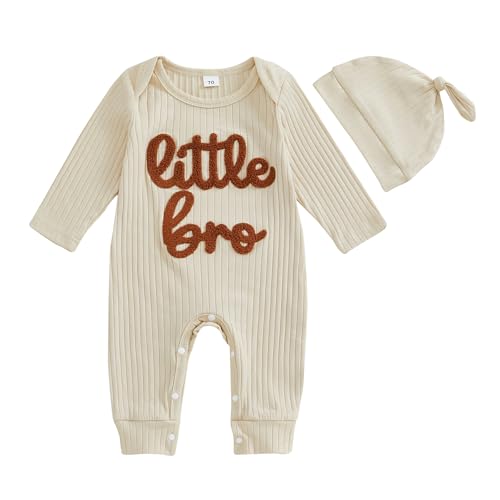pengnight Newborn Baby Boys Girls Romper Long Sleeve Lil Bro Letter Print Solid Color Bodysuit Jumpsuit (H-apricot, 0-3 Months)
