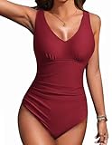 AI'MAGE Women's One Piece Swimsuit Tummy Control V Neck Ruched Bathing Suits Adjustable Straps Monokini Cross Back Swimwear Wine Red