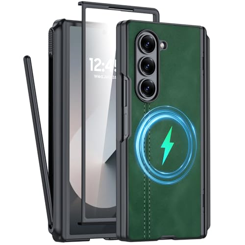 Coque Samsung Galaxy Z Fold 6 en cuir vert avec stylet intégré et protection écran