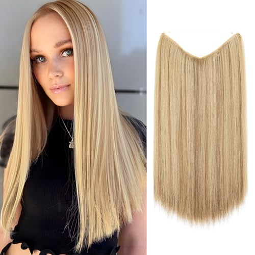 SARLA Invisible Wire Hair Extensions Straight Long Synthetic Hairpieces 22 inch Adjustable Transparent Headband for Women Sahara Beige