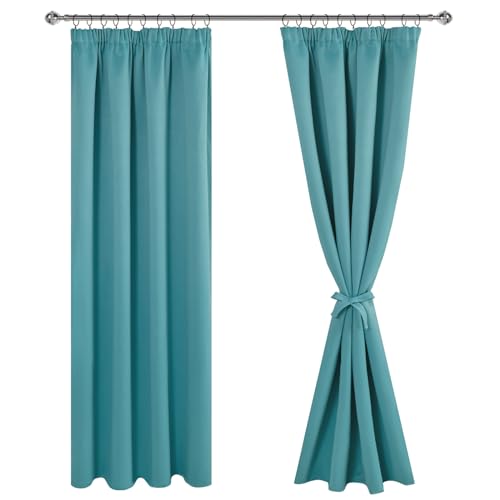 JIUZHEN Opaque Curtains with Ruffle Tape, Blackout Curtains, Living Room Curtains, Bedroom, Thermal Curtain, Turquoise