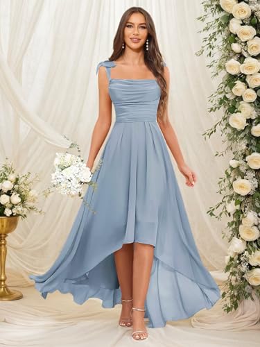 Women's Chiffon Bridesmaid Dresses for Wedding Long High Low Spaghetti Strap Formal Evening Dress with Pockets3