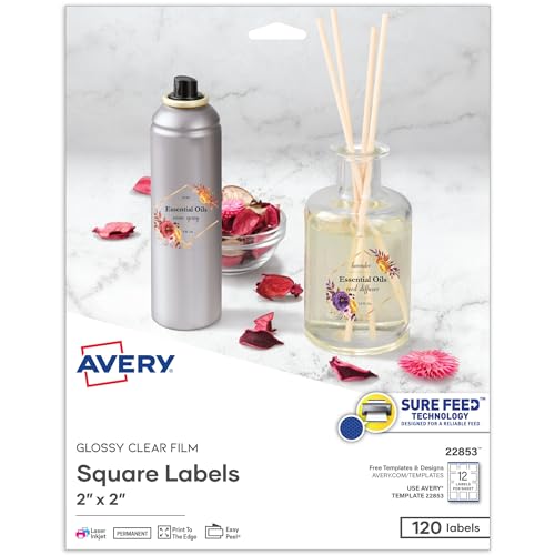 Étiquettes transparentes Avery 22853 autocollantes carrées brillantes pour packaging et flacon
