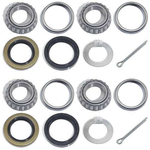 GREPSPUD 2 Sets for 1 Axle Trailer Hub Bearings Kits L44643 / L44610 Bearings Set with D-style Spindle Tang Washers 12192TB 15192TB Grease Seals Cotter Pins for 2000-2200 lbs BT8 Straight Spindle