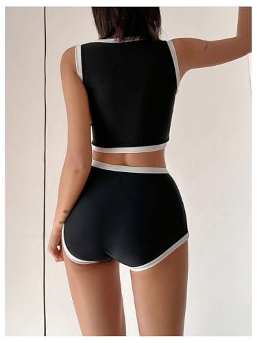 MakeMeChic Women's Bikini Sets Color Block Crew Neck Zip Front Summer Swimsuit Bathing Suits2