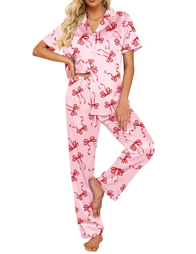 Image of Ekouaer 2 Piece Satin Short Sleeve Pajamas Set Button Down Sleepwear | Soft Pjs Set Classic Loungewear for Wedding, Party, Home, Daily Wear, Date Nights