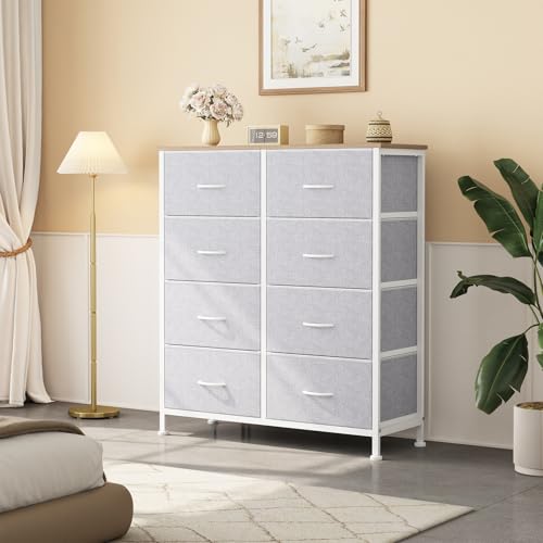 Image of OLIXIS 8 Drawer Dresser for Bedroom, Fabric Storage Tower with Wooden Top and Metal Frame, Dresser Organizer for Living Room Closet Entryway, Light Grey