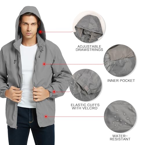 Image of Mywu Men's Water-resistant Rain Jacket Lightweight Windbreaker Hooded Rain Coat for Adults Outdoor Hiking Camping