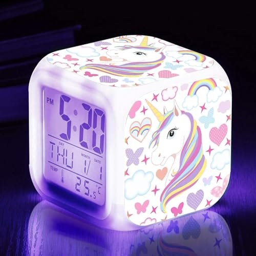 Fiubstu Kids Alarm Clocks Unicorn Night Light Kids Alarm Clocks with 4 Sided Unicorn Pattern&9 Kinds of LED Glowing Wake Up Bedside Clock Gifts for Unicorn Room Decor for Girls Bedroom