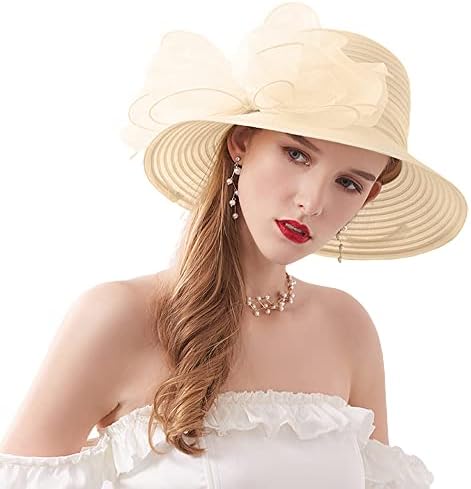 Haoohu Women's Church Derby Hat Wide Brim Bow Bucket Hat Wedding Dress Hat Fascinator Bridal Tea Party Hat Beige