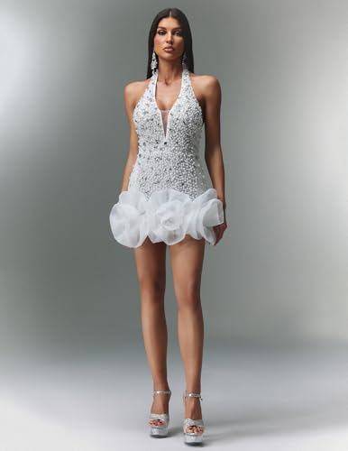 BELLA BARNETT Exquisite White Halter Neck Deep V Diamond Flowers Date Night Dress for Cocktail2