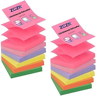 ZCZN Pop-up Sticky Notes 76 x 76 mm, 12 Pads Assorted Colours Self-Stick Z Notes, 100 Sheets/Pad, (Orange,Yellow,Pink,Light Purple,Rose Red,Green)
