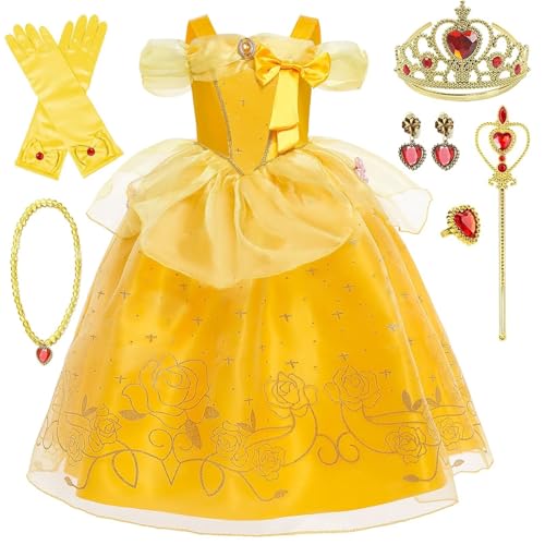 Princess Belle Costumes for Girls Belle Dress Up with Crown Fairy Wand Necklace Sets Belle Princess Dress Belle Kids Fancy Dress for Party Cosplay Carnival Kids Birthday Cosplay Party Outfit，B-150