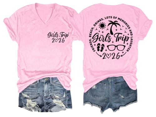 Girls Trip Shirts for Women 2026 Vacation T Shirt Funny Travel Shirts Casual Summer Camping Tops Girls Trip Tee Shirt Pink