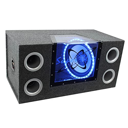 Pyramid 12" 1200W Car Audio Subwoofer - 2 Way Neon Bandpass Speaker System w/ Blue Lights, DC 12V Input/4 Ohm/32Hz-1KHz Freq.Res w/ Plexi-Glass Front Window & Silver Polypropylene Cone - BNPS122