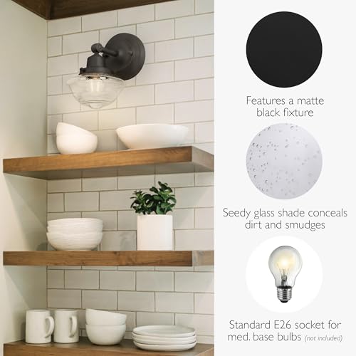 Image of Design House Vintage-Inspired Schoolhouse Wall Sconce, 6.625 in x 7.625 in x 9.5 in, Matte Black, Clear Seeded Glass Shade, 589127-BLK | Dimmable, Wall Mount, Classic, Steel, Lighting, 589127-BLK