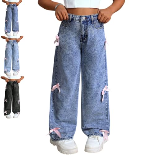 Bow Jeans for Girls Wide Leg Baggy Denim Pants Cute High Waisted Trousers,Cute Outfits for Girls 10-12,Bow Pants