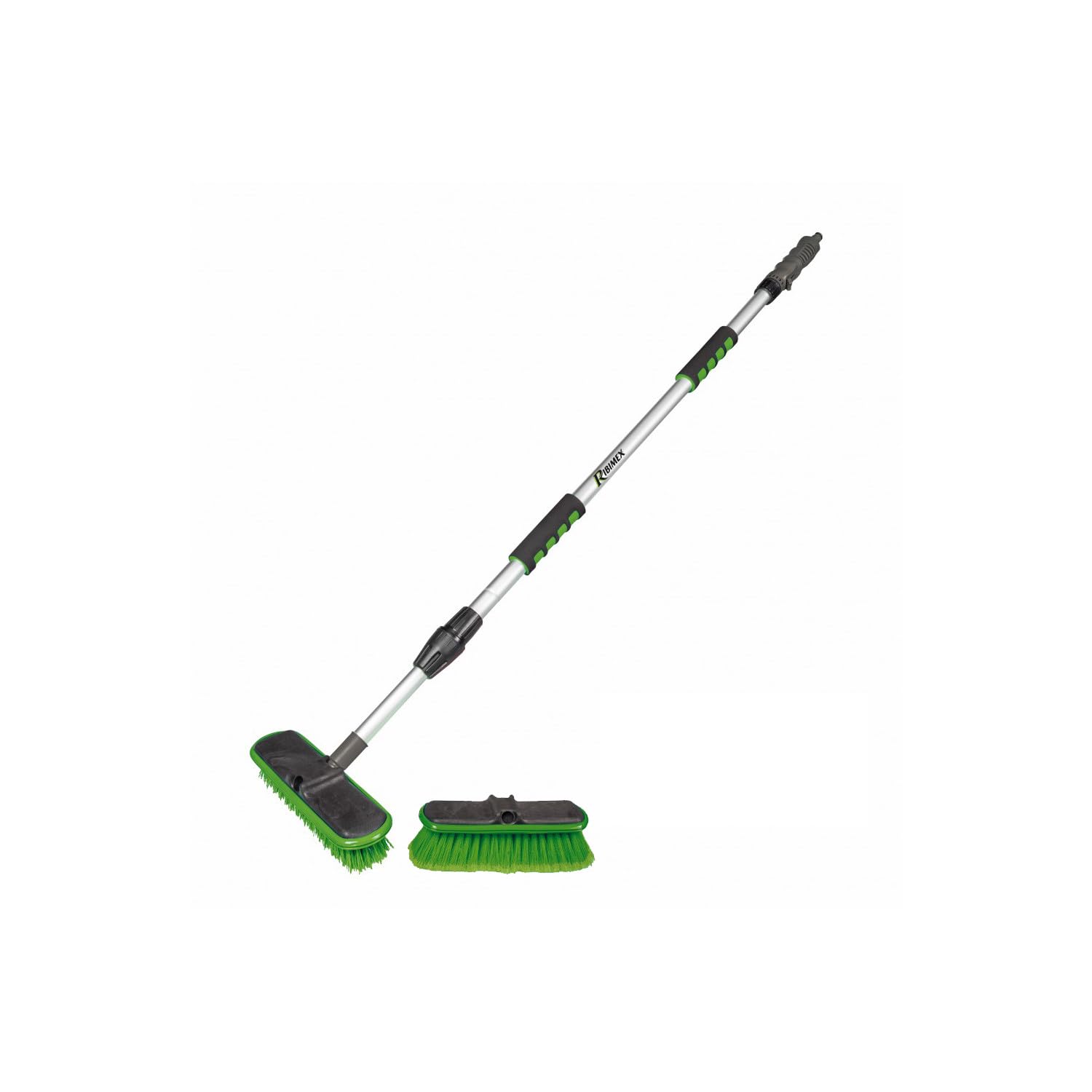 Balai Brosse de Nettoyage à Eau avec 2 brosses, Poil Dur et Poil Souple - Manche télescopique alu - Connectable au réseau d'eau