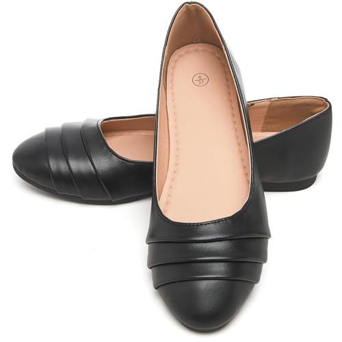 HEAWISH Women's Black Flats Shoes Round Toe Slip On Casual Ballet Flats PU Leather Dressy Work Shoes