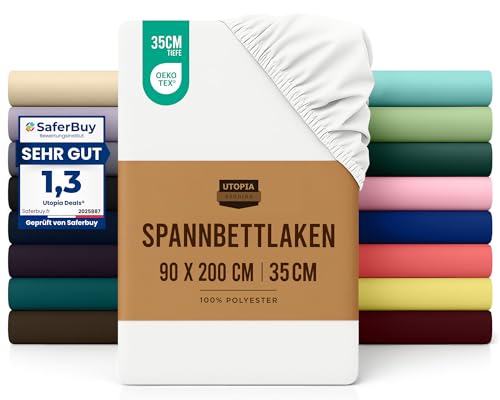 Utopia Bedding - Spannbettlaken 90x200cm - Weiß - Oeko-Tex Zertifiziertes Gebürstete Polyester-Mikrofaser Spannbetttuch - 35 cm Tiefe Tasche