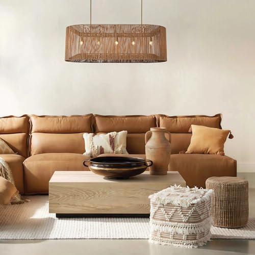 42.5 Inch Rattan Large Chandelier, 5-Light Farmhouse Hand Woven Rustic Light Fixture, Coastal Weaved Rope Ceiling Light, Hanging Light Fixtures for Over Kitchen Island, Dining Room, Living Room by Generic - Used condition - Image 6