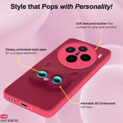 Image of AESTMO Back Case Cover for Vivo X200 5G Back Cover | 3D Cat Cover | Leather Finish | Full Body Protection | Camera Protection Back Cover for Vivo X200 5G (Pink)