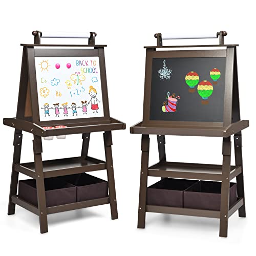 Image of GLACER All-in-One Double Sided Painting Easel for Kids with 2 Storage Bins, Paper Roll, Magnetic Whiteboard & Chalkboard, Gift for Boys & Girls (Coffee)