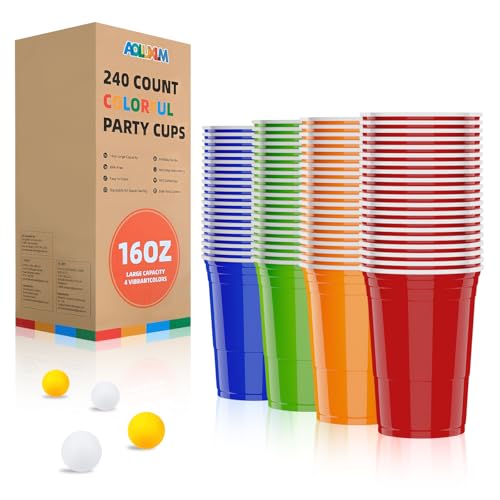 AOLUXLM 240 Pcs Copas de Plástico,Tazas 60 Rojas +60 Azules + 60 Verdes + 60 Naranjas 480ml /16OZ + 20 Bolas Copa Tazas Navidad Cumpleaños Boda