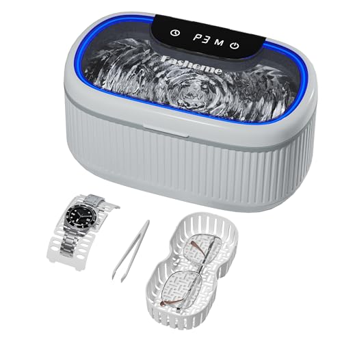 Fashome Ultrasonic Cleaner, 45000Hz Jewellery Cleaner 3 Power 5 Timer Settings with LED Lights & Degas Mode, 550ML Sonic Cleaner with Basket Wacth Stand for Retainers Jewelry Rings Glasses Dentures