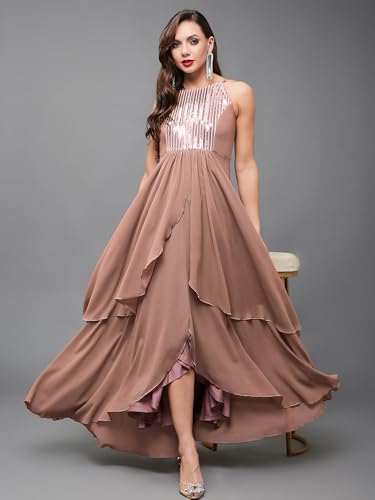 Image of Miss Chase Women's Round Neck Sleeve Embellished Fit Flare Maxi Dress