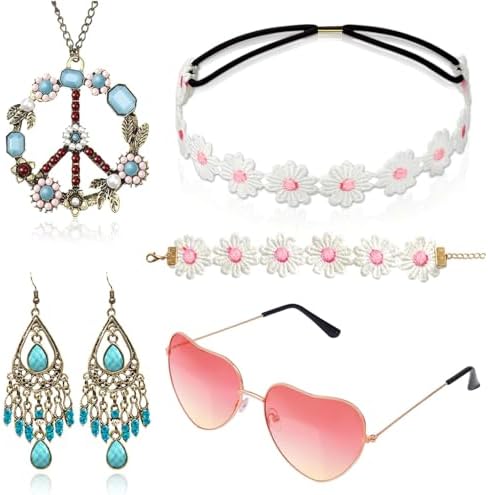 Alintor Hippie Accessoires für Schlagermove Outfit Damen, 5 Stück Hippie Kostüm Damen Accessoires, Flower Power Zubehör für 70er Jahre Bekleidung, Peace Kette, Brille