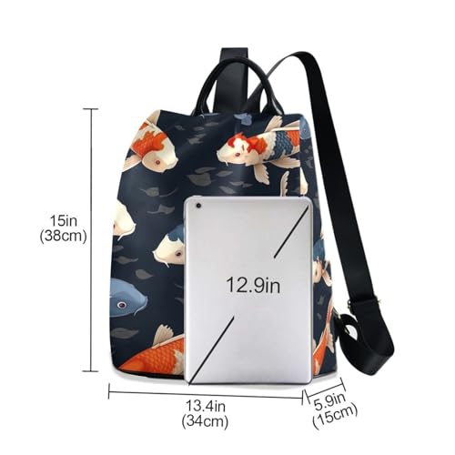 Mochila para mujer Koi Fishes Dark con acabados premium y bolsillo trasero con cremallera 3