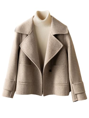 utcoco Womens Short Wool Pea Coat Notched Lapel Cropped Woolen Trench Coat with Pockets