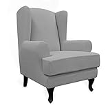 Easy-Going Stretch Wingback Chair Sofa Slipcover 2-Piece Sofa Cover Furniture Protector Couch Soft with Elastic Bottom, Spandex Jacquard Fabric Small Checks, Light Gray