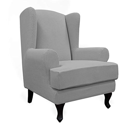 Easy-Going Stretch Wingback Chair Sofa Slipcover 2-Piece Sofa Cover Furniture Protector Couch Soft with Elastic Bottom, Spandex Jacquard Fabric Small Checks, Light Gray
