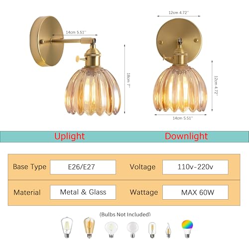 Image of Vintage Wall Sconces with Gold Finish, Adjustable Arm, Ribbed Glass Shadewall Light fixtures Wall Lights for Bedroom, Living Room, Hallway, or Bathroom (Amber)