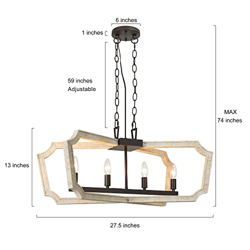 Lnc Home Farmhouse Wood Chandeliers, 4-Light Rustic Kitchen Island Lighting, Wooden Chandelier Hanging Light Fixtures For Dining Room, Off-White #TOP4