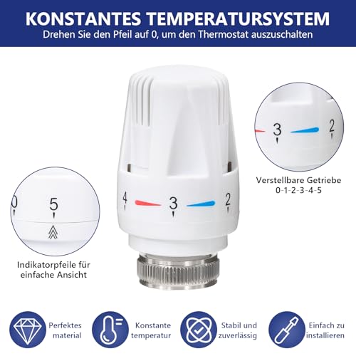 Valve Technik Thermostatkopf Heizungsthermostat Heizkörperthermostat Heizungsregler Heizkörperventil für Gewinde M30x1,5 für Büro und Zuhause (6 Stück)