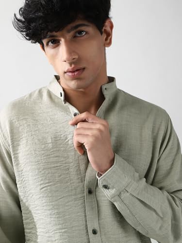 Image of Urbano Fashion Men's Linen Blend Full Sleeve Relaxed Fit Mandarin Collar Casual Solid Shirt