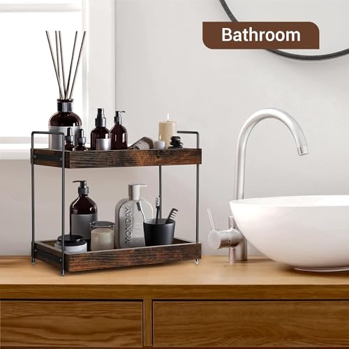EWEMOSI Standregal Holz Arbeitsplatte Küchenregal mit 2 Ebenen Gewürzregal Metallstütze Badzimmer Aufbewahrung Regal Gewürzhalter Gewürzständer Organizer Vanity Tray