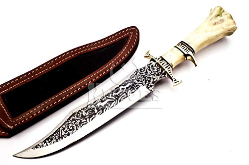 NoonKnives: Hand Made Etched J-2 Stainless Steel Collectible Bowie Knife Handle Camel Bone (J-2) - Thumbnail 3