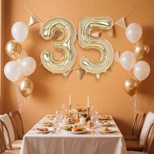 Image of Champagne Large Number 35 Balloon, 40 Inch Light Gold Foil Helium Number Balloons, Giant Mylar Number 35 Balloons for 35 Years Old Birthday Party Anniversary Decorations (Champagne Gold 35)