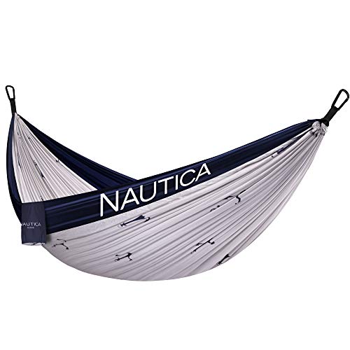 Nautica Portable Camping Hammock 1-2Person Kids or Adults with Straps, Caribiners & Bag for Travel/Backpacking/Hiking/Backyard/Lawn, Maritime Blue/High Rise Grey, Small