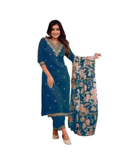 Fashion Women’s Rayon Viscose V-Neck Emroidered Straight Kurta Pant Set with Printed Dupatta (IN, Alpha, L, Regular, BLUE)-picture-43