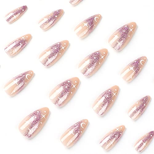 Lovamis Press On Nails Medium, Fake Nails Glitter With Glue Almond Short, Glam Shimmer False Nails French Tip Acrylic Nail Kit, Glue On Nails For Women, 24Pc/Set(Nebula) #TOP3